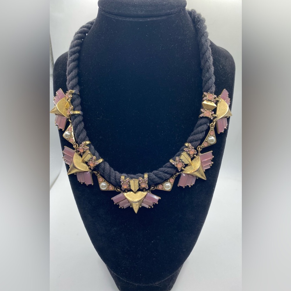 J Crew Black Cord Matte Gold Tone Pink Rhinestone Necklace